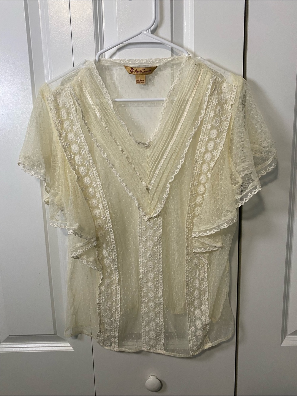 April Cornell Sheer Cream Lace V-Neck Flutter Sleeve Blouse